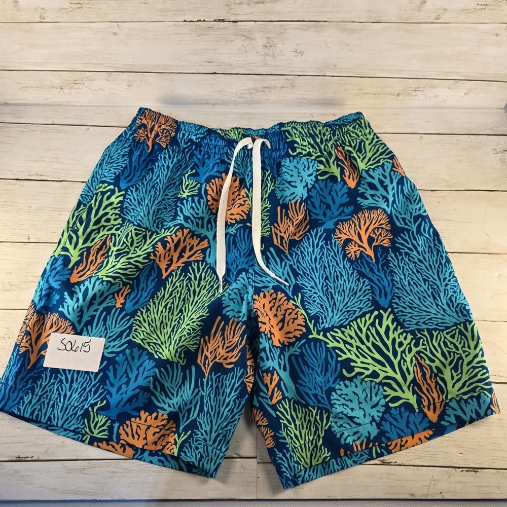 Chubbies Mens Swim Trunks Small 7 Inch Inseam Blue Green Orange Coral Reef Print